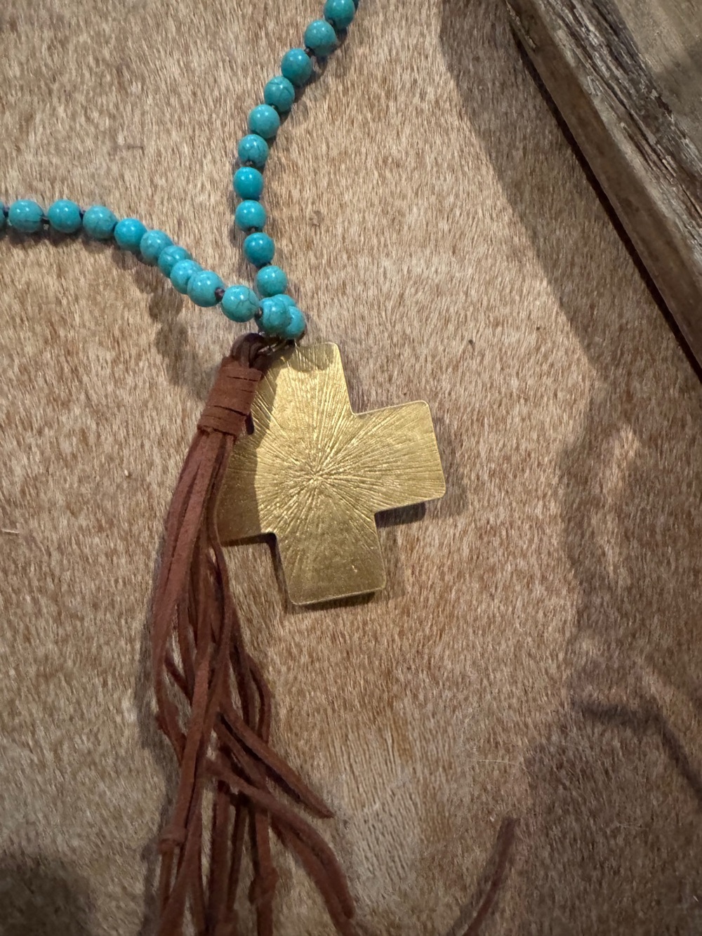 Turquoise Beaded, Gold Cross Pendant Necklace with Brown Leather Fringe 24” - Picture 3 of 5
